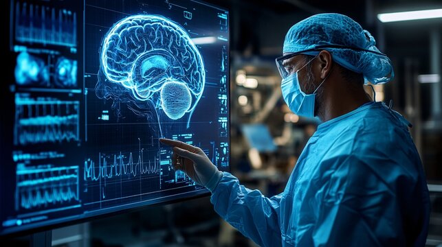 Neurosurgeon preparing for brain surgery with the help of a 3D holographic brain model Stock Photo with copy space