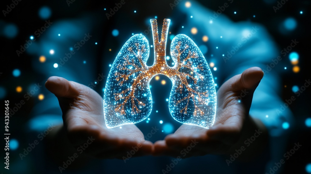 Poster Pulmonologist analyzing lung function with a 3D holographic lung model during a diagnostic check-up Stock Photo with copy space