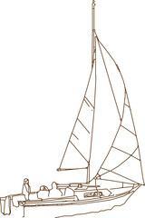 Vector sketch illustration silhouette design detailed drawing of fisherman sailboat sailing in the sea 