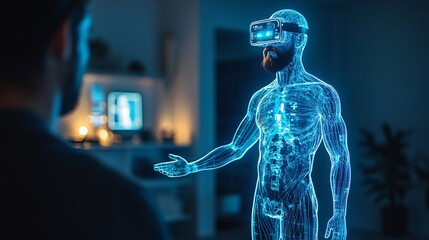 Doctor educating patients using a 3D hologram to demonstrate their medical condition in detail Stock Photo with copy space