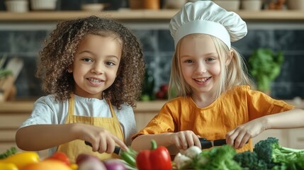 Fototapeta premium Two happy girls preparing vegetables in the kitchen.