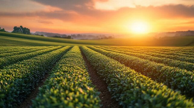 Green Bushes Field,  A picturesque landscape showcasing rows of vibrant green bushes stretching across a field during the beautiful hues of sunset