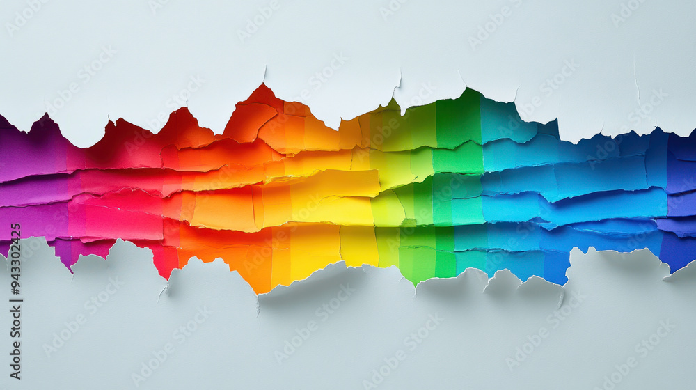 Poster torn paper rainbow, a piece of torn white paper displaying colorful rainbow stripes underneath, crea