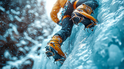 Close-Up of Ice Climber's Crampons and Gear on a Frozen Cliff