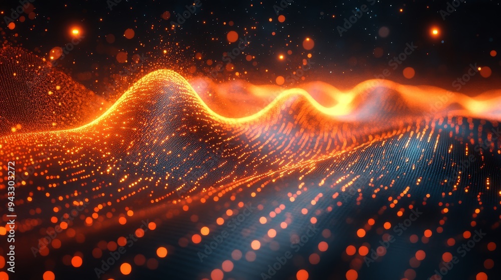 Poster vibrant waves of light and color flow across a dark background, creating an abstract digital landsca