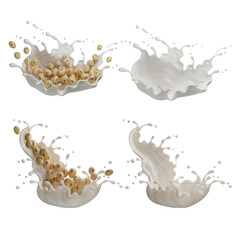 Soy Milk And Soy Beans Pouring Down Splash, 3d Rendering