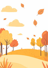 Cartoon illustration of autumn landscape with yellow, orange, and brown colored trees in the park. Flat autumn background. Autumn celebration landscape background