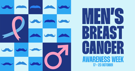 Men's breast cancer awareness week banner with geometric background. Vector illustration ribbon symbol. Male health event campaign poster witn mustache and male gender symbol.