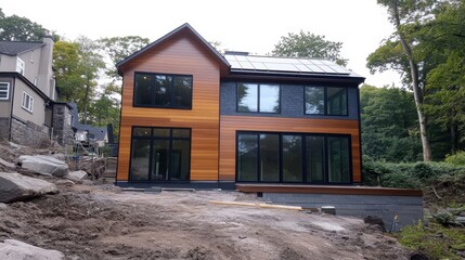 A modern two-story wooden house under construction with large glass windows, situated in a natural forest environment.