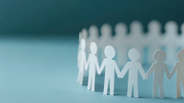 White paper cutout figures hold hands in a circular formation, symbolizing unity, teamwork, and togetherness on a blue background.