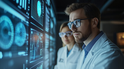 A male and female expert in white coats, with glasses, are looking at a digital screen displaying AI models on the wall of a data center room, surrounded by other charts and graphs