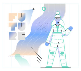 Future text and a woman in a technological suit