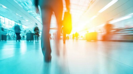 Blurry figures of travelers walking in a brightly lit airport terminal, suggesting movement, travel, and modern transportation.