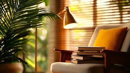 Fototapeta premium A cozy reading corner with a comfortable armchair, a floor lamp, and a bookshelf
