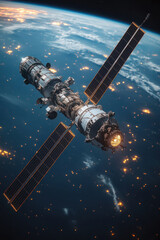 Obraz premium Space Station, A space station orbits Earth, equipped with solar panels to harness solar energy for its operation and research missions