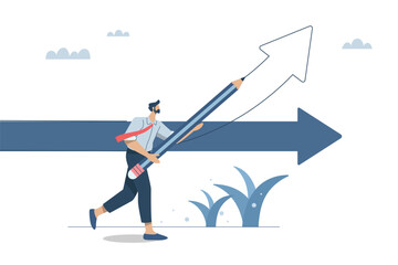 Changing investment strategies to grow or succeed in business, Adjustment or change in a progressive direction, Businessman draws new arrow to change the direction of the arrow. Vector illustration.
