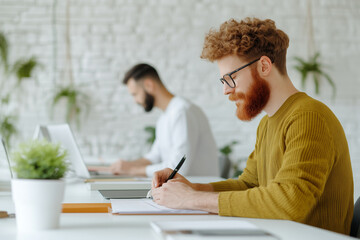 A diverse group of creators collaborating in a minimalist studio, each contributing unique skills, creativity, team innovation. 