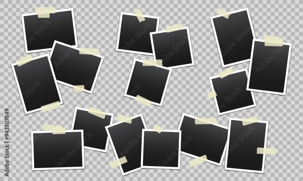 Poster vector blank photo frames with transparent adhesive tape isolated on transparent background. templat