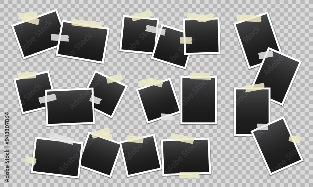 Poster vector blank photo frames with transparent adhesive tape isolated on transparent background. templat