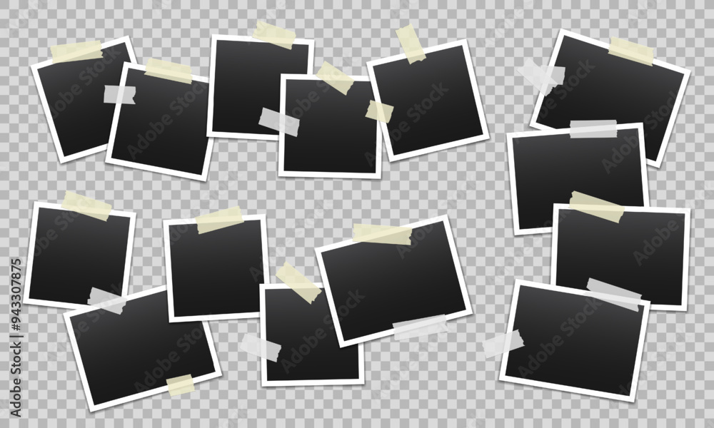 Poster vector blank photo frames with transparent adhesive tape isolated on transparent background. templat