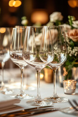 Wine Glasses Table,  A table setting featuring empty wine glasses, showcasing an elegant dining arrangement perfect for events or gatherings