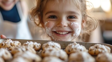 A little girl smiles with powdered sugar on her face after baking cookies.