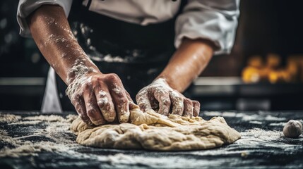 Baker kneads dough on counter