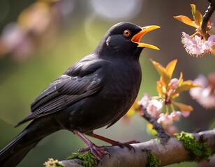 Fototapeta premium Blackbird Singing on a Branch in Springtime