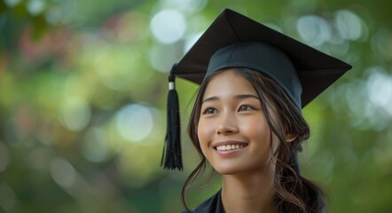 Asian woman celebrates graduation outdoors in late spring ceremony