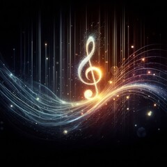 Fototapeta premium musical notes in the air, musical note with waves of light and sound, on black background 