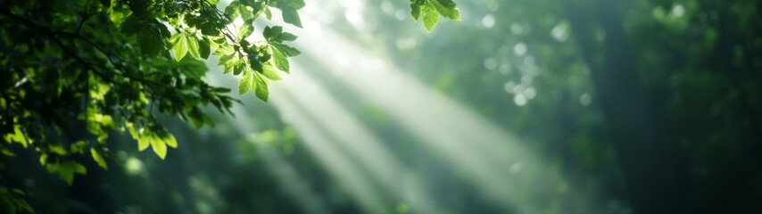 Enchanted Forest with Green Light Beams, a serene woodland scene illuminated by ethereal green rays, creating a mystical atmosphere filled with wonder and tranquility.