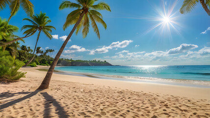 Obraz premium A beautiful tropical beach with palm trees and a clear blue sky, adds to its picturesque charm.