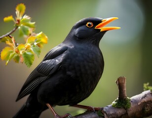 Blackbird Singing on a Branch in Springtime
