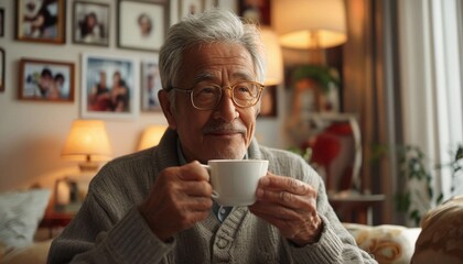 An elderly man with gray hair and glasses, enjoying a cup of tea in a cozy, well-lit living room with family photos on the walls