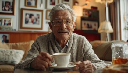 An elderly man with gray hair and glasses, enjoying a cup of tea in a cozy, well-lit living room with family photos on the walls