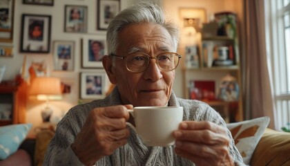 An elderly man with gray hair and glasses, enjoying a cup of tea in a cozy, well-lit living room with family photos on the walls