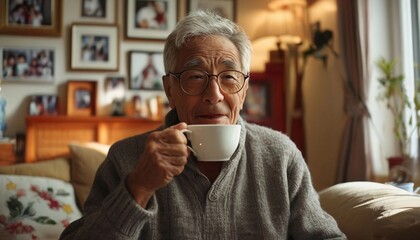 An elderly man with gray hair and glasses, enjoying a cup of tea in a cozy, well-lit living room with family photos on the walls