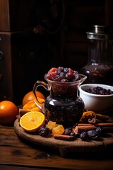 A rich fruit compote served in a glass pitcher with spices and fresh oranges on a rustic wooden surface