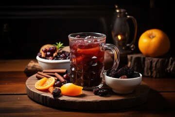 A mug of warm cranberry juice with cinnamon sticks and orange slices on a wooden tray