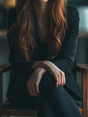 Fototapeta premium Chic Professional Woman in Fashionable Attire Sitting Thoughtfully