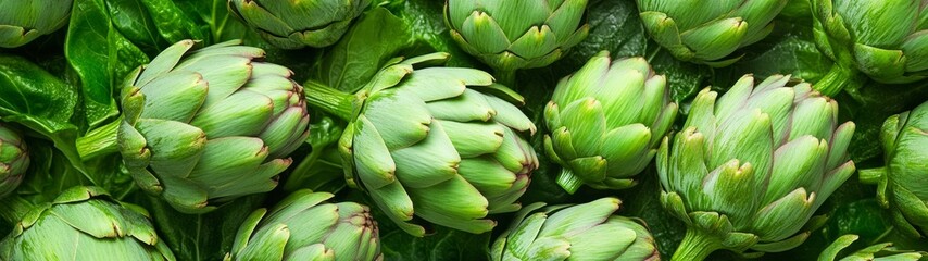 Obraz premium Artichoke Buds in Harmony, a vibrant pattern of green and purple artichoke flower buds, viewed from above, showcased against a minimalist backdrop, inviting tranquility and simplicity.