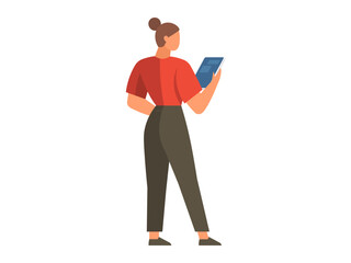 A minimalist vector illustration of a woman holding a tablet, depicted in red and green shades. The design is modern and clean, representing themes of technology, communication, and simplicity.