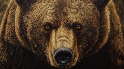 Fototapeta premium Close up of a brown bears face intensely looking at the camera