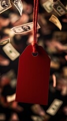 A bold red price tag hangs as banknotes swirl around it, capturing the essence of shopping and spending