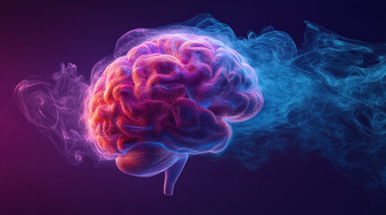 Colorful Brain,  A vibrant brain illustration surrounded by swirling smoke in rich shades of purple and blue, showcasing creativity and energy
