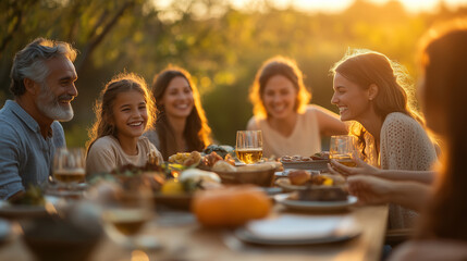 A heartwarming family gathering, with multiple generations gathered around the table for dinner in an outdoor setting, sharing laughter and stories under the warm sunset light. 