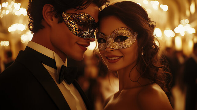 A couple wearing elegant masks at an opulent masquerade ball, surrounded by a beautifully decorated hall with chandeliers and guests in formal attire