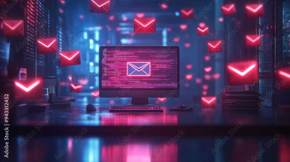 Poster digital workspace, a vibrant digital workspace showcasing a computer with a bright email icon, surro