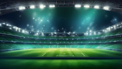 Football stadium arena for a contest under the limelight. Soccer background, green grass field for competition championship match.