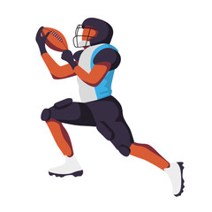 A player in a blue and black uniform advances while holding a football, showcasing athleticism on the field. Vector illustration